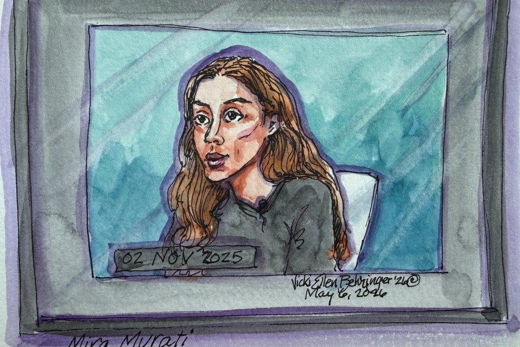 Former OpenAI CTO Mira Murati delivers testimony by video during Elon Musk's lawsuit trial over OpenAI's for-profit conversion at a federal courthouse in Oakland, California, U.S., May 6, 2026 in a courtroom sketch.  REUTERS