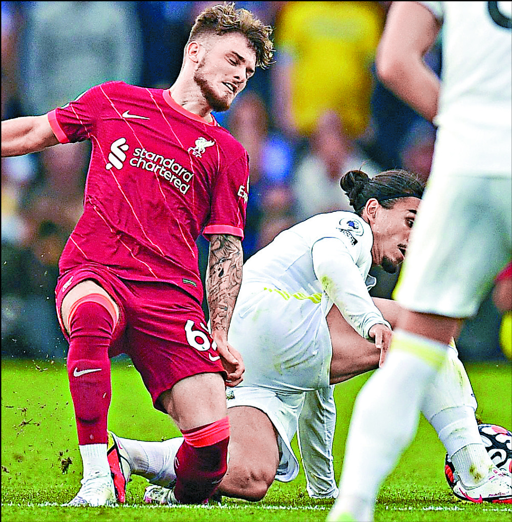 Harvey Elliott suffers a leg injury after a tackle by Pascal Struijk of Leeds. AFP Harvey Elliott suffers a leg injury after a tackle by Pascal Struijk of Leeds. AFP