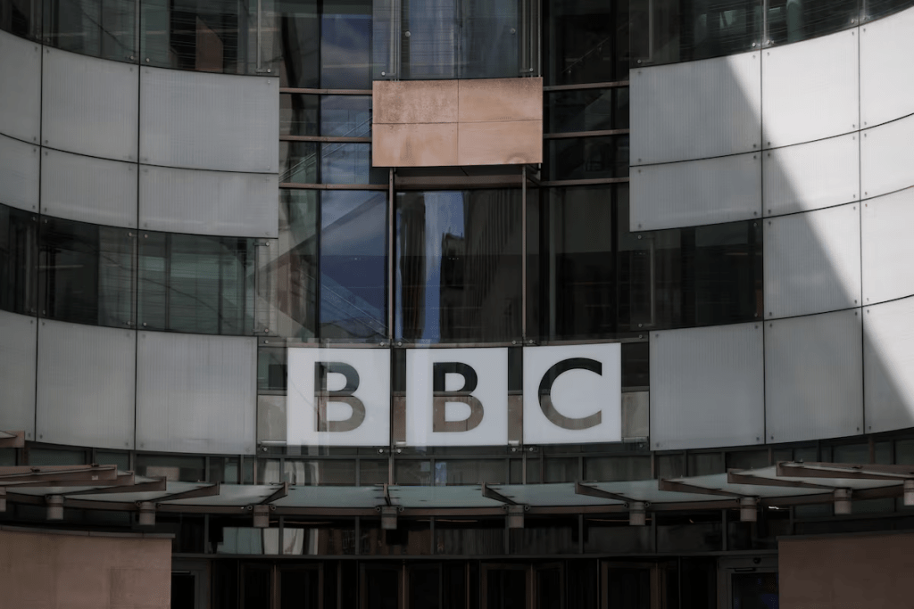 The BBC logo is displayed above the entrance to the BBC headquarters in London, Britain, July 10, 2023. REUTERS/Hollie Adams