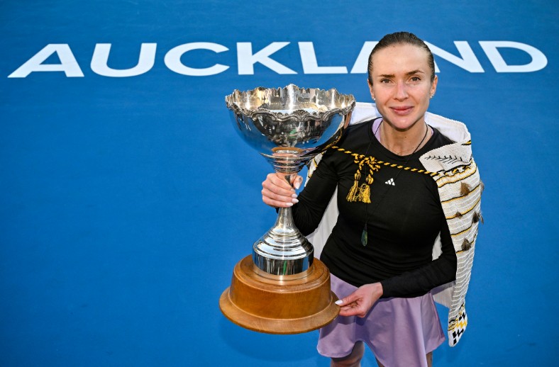 Elina Svitolina celebrates with the trophy in Auckland. AP