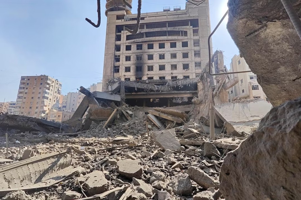 Debris at the site of an Israeli strike on a building that houses Al-Manar TV offices in Beirut's southern suburbs, following an escalation between Hezbollah and Israel amid the U.S.-Israeli conflict with Iran, Lebanon, March 3, 2026. Picture taken with a mobile phone. REUTERS/Stringer