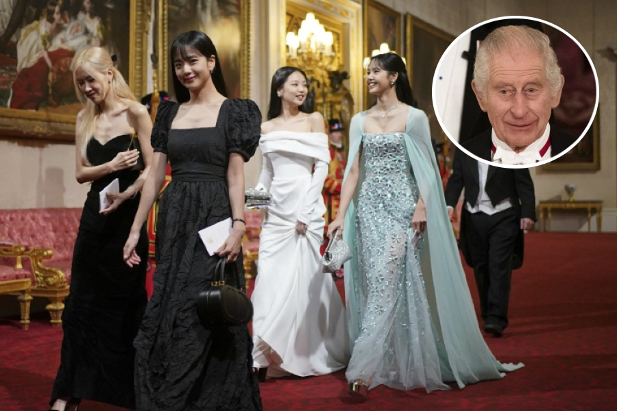 Members of girl band BLACKPINK attend the State Banquet at Buckingham Palace in London, Tuesday (local time) during President Yoon Suk Yeol's state visit to the United Kingdom. From left are Rose, Jisoo, Jennie and Lisa. (Reuters)