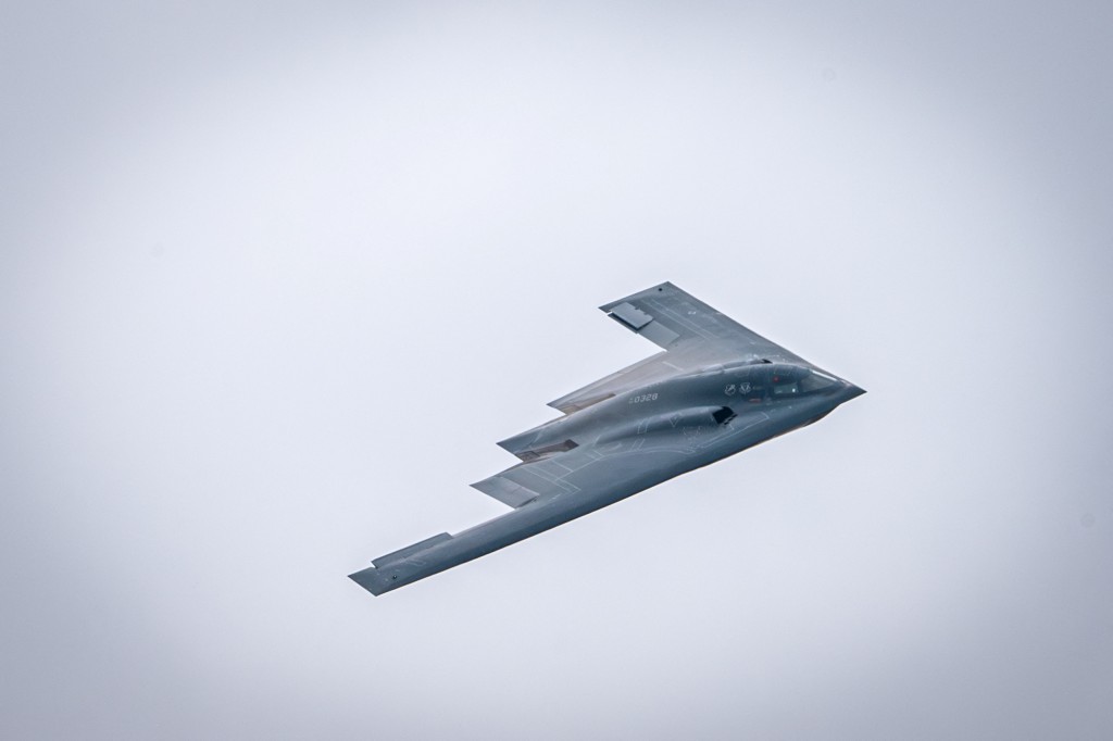 U.S. Air Force B-2 Spirit bomber, assigned to the 509th Bomb Wing out of Whiteman Air Force Base, Missouri, performs a fly-over during the Speed of Sound Airshow, at Rosecrans Air National Guard Base in St. Joseph, Missouri, U.S. September 14, 2024. (Reuters)