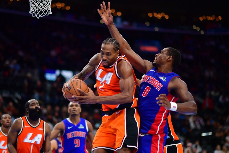 Kawhi Leonard beats Detroit Pistons center Jalen Duren to the rebound. REUTERS 