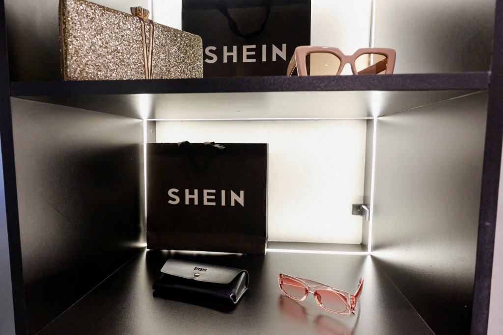 Sunglasses are displayed at the reception of the fast-fashion brand Shein's office in Sao Paulo, Brazil, December 15, 2025. REUTERS