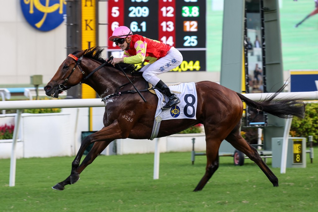 Luke Ferraris is all smiles after My Wish burts through late to clinch the G3 Celebration Cup at Sha Tin (HKJC) 