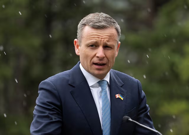 Ukraine Minister of Finance, Sergii Marchenko, answers questions after meeting with Canadian Finance Minister Francois-Philippe Champagne during the G7 finance ministers and central bank governors meeting in Banff, Alberta, Canada, May 20, 2025. REUTERS/Todd Korol