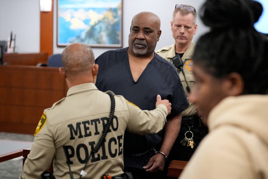 Duane Davis is escorted by police from a sentencing hearing after his murder conviction in the death of rapper Tupac Shakur on Tuesday, Oct. 13, 2026, in Las Vegas, Nevada, US. John Locher/Pool via REUTERS
