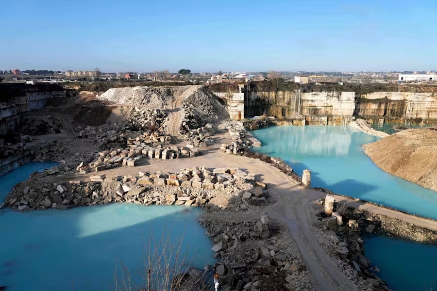 A general view of the Degemar Quarry near Tivoli, Italy, 35 kilometers east of Rome, on Friday, Feb. 13, 2026, where 17th-century Baroque architect Gian Lorenzo Bernini selected travertine for the colonnade of St. Peter's Square. (AP Photo/Gregorio Borgia)