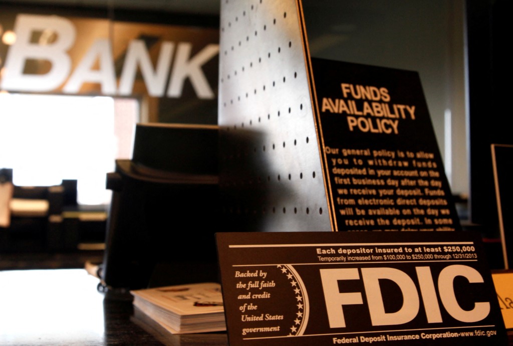 Signs explaining Federal Deposit Insurance Corporation (FDIC) and other banking policies are shown on the counter of a bank in Westminster, Colorado November 3, 2009.  REUTERS