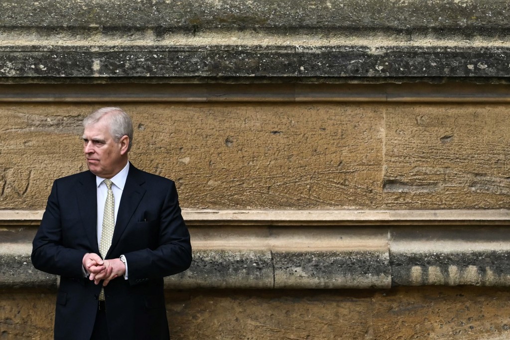 Britain's Prince Andrew, Duke of York reacts as he arrives at St. George's Chapel, Windsor Castle, to attend the Easter Mattins Service, on March 31, 2024.  Photo by JUSTIN TALLIS / AFP