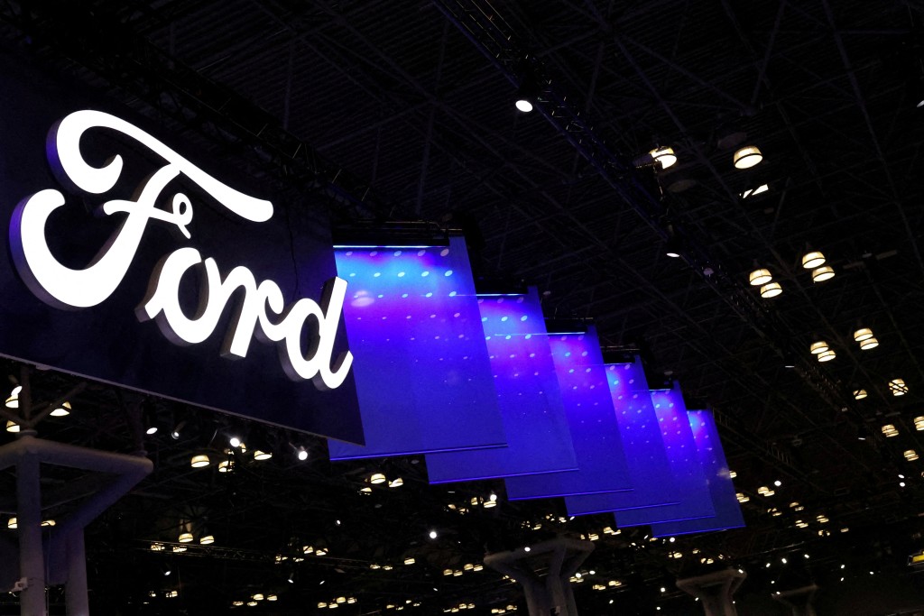 A Ford automobile logo is seen during the New York International Auto Show Press Preview in New York City, U.S., April 16, 2025. REUTERS