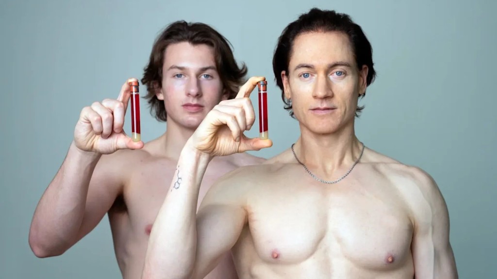 In 2023, Brian Johnson (right) used blood transfusions from his teenage son in an attempt to reverse cell damage