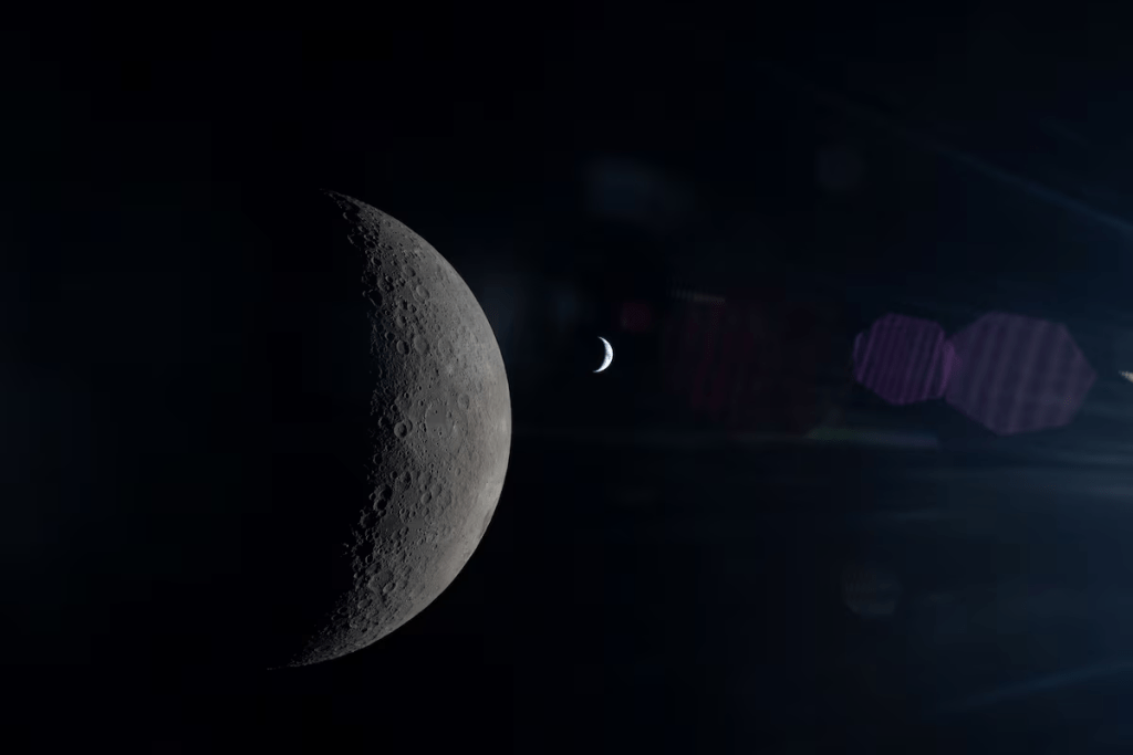 Seen from behind the Moon during Artemis II, the Moon and Earth align in the same frame, each partially illuminated by the Sun, photographed by the NASA Artemis II crew from the Orion spacecraft during the lunar flyby mission, April 6, 2026. NASA/Handout via REUTERS