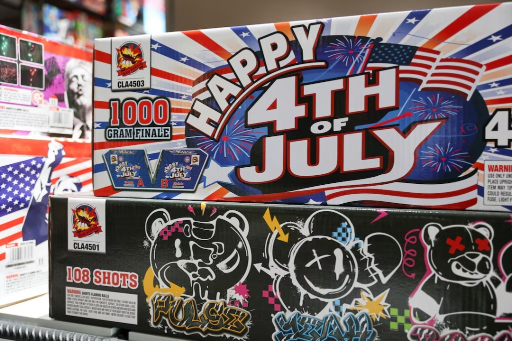 Firework products for the U.S. market are displayed at the showroom of Chili Fireworks in Liling, Hunan province, China, April 9, 2026. REUTERS/Go Nakamura
