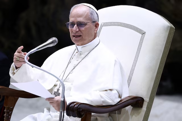 Pope Leo XIV holds an audience with representatives of the media in Paul VI hall at the Vatican, May 12, 2025. (Reuters)