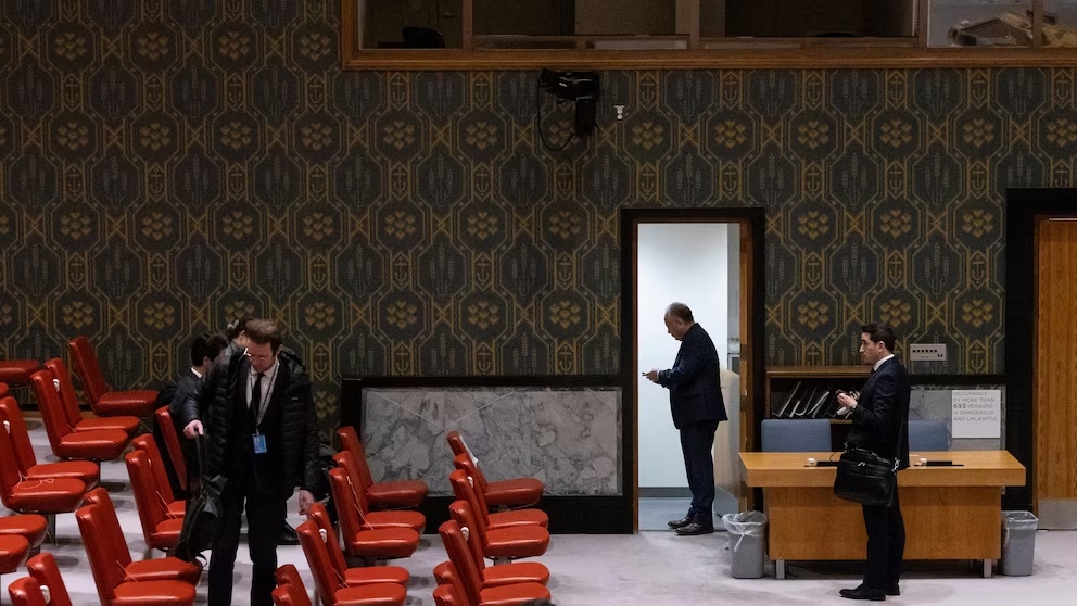 People stand in Security Council chamber at United Nations headquarters, Friday, Dec. 22, 2023. (AP Photo/Yuki Iwamura) People stand in Security Council chamber at United Nations headquarters, Friday, Dec. 22, 2023. (AP Photo/Yuki Iwamura)