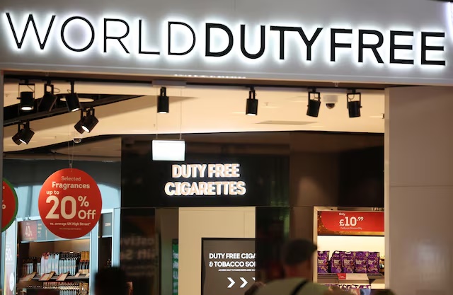 Signage is seen outside a World Duty Free store, part of the Avolta Group inside terminal 2 at Manchester Airport in Manchester, Britain, October 15, 2024. REUTERS/Phil Noble 