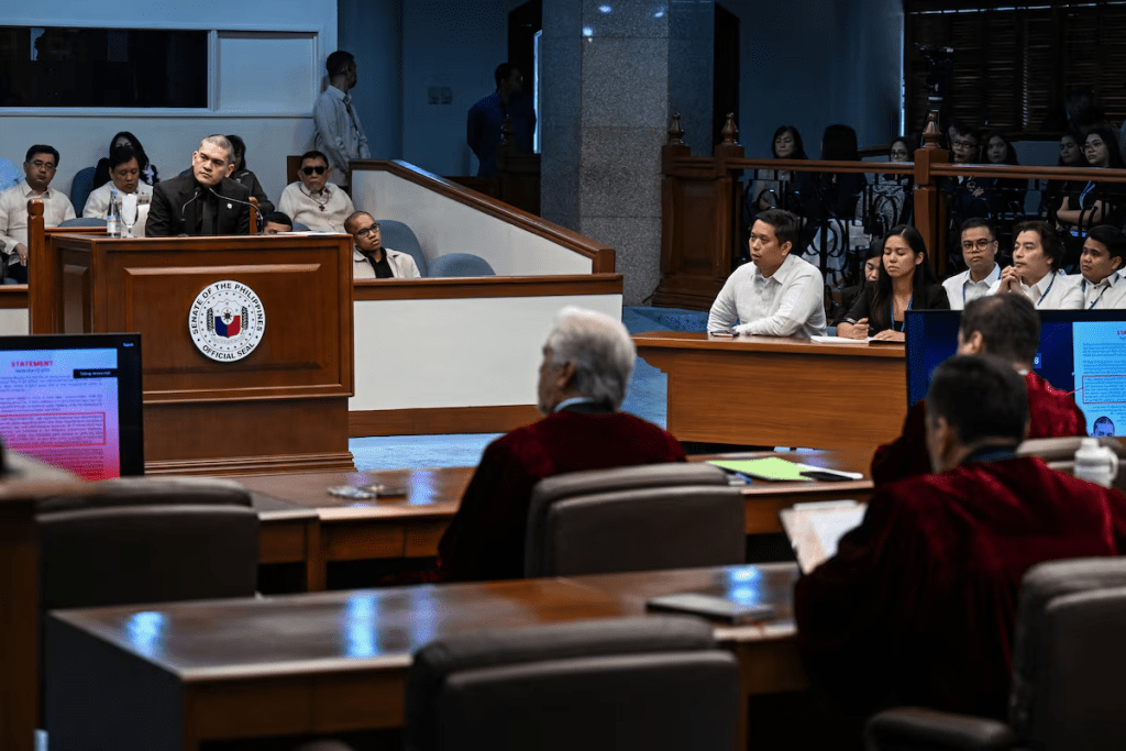 Davao City Mayor Sebastian Duterte, younger brother of Philippine Vice President Sara Duterte, testifies during his sister's impeachment trial at the Senate in Pasay, Metro Manila, Philippines, September 29, 2026. JAM STA ROSA/Pool via REUTERS 
