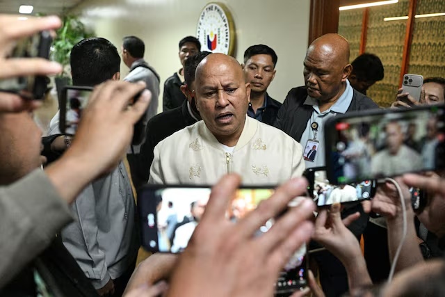 Philippine Senator Ronald dela Rosa, ​the chief enforcer of former President Rodrigo Duterte's deadly "war on drugs," answers questions from journalists at the Senate in Pasay City, Metro Manila, Philippines, May 12, 2026. REUTERS/Noel Celis 