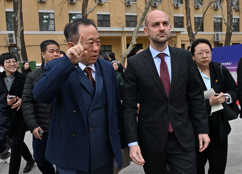 French Foreign Minister Jean-Noel Barrot walks next to Duan Peng, President of the Beijing Language and Culture University (BLCU), in Beijing, China, March 27, 2025. ADEK BERRY/Pool via REUTERS French Foreign Minister Jean-Noel Barrot walks next to Duan Peng, President of the Beijing Language and Culture University (BLCU), in Beijing, China, March 27, 2025. ADEK BERRY/Pool via REUTERS