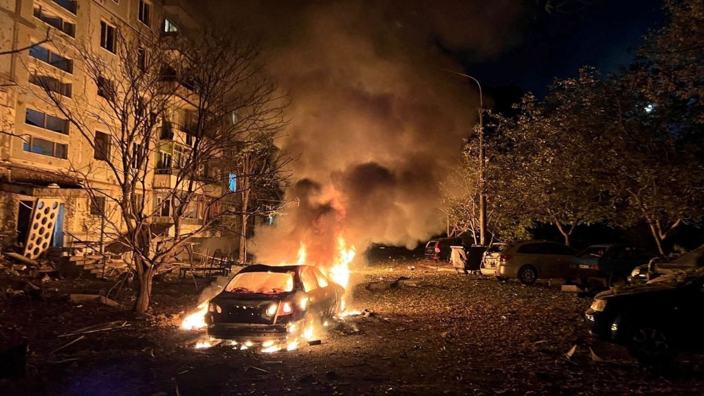 A car burns during Russian drone and air strikes. Reuters