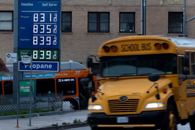 High prices for gasoline are shown at a gas station in downtown Los Angeles, California, U.S., March 10, 2026. REUTERS/Mike Blake/File Photo