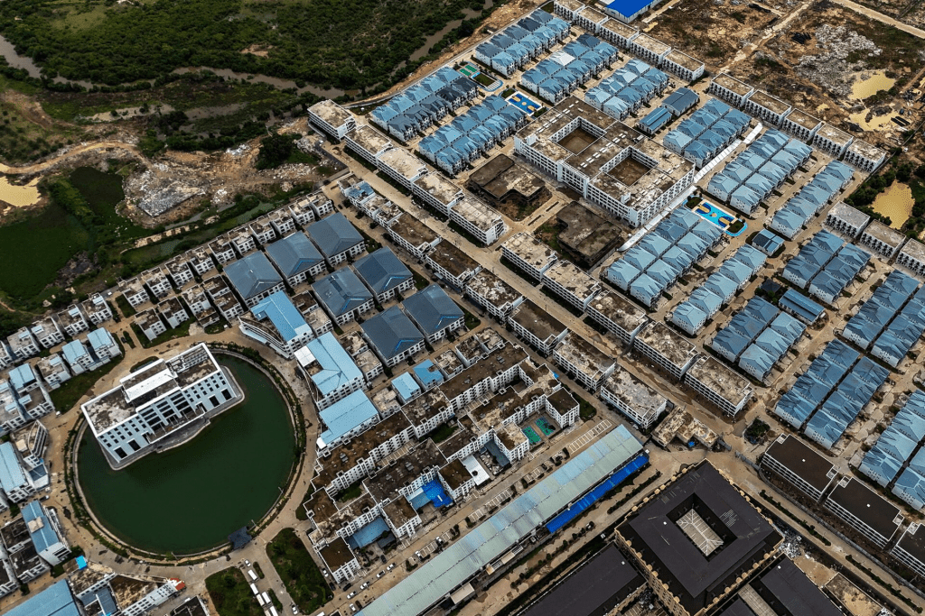 A drone view of the site of Legend Innovation Co., Ltd., also known as Meun Chey Commercial City or Legend Park, linked to online scam operations and forced labour abuses, in Tbong Wat village, Krabao commune, Komchay Mea district, Prey Veng province, Cambodia, September 21, 2026. REUTERS/Soveit Yarn