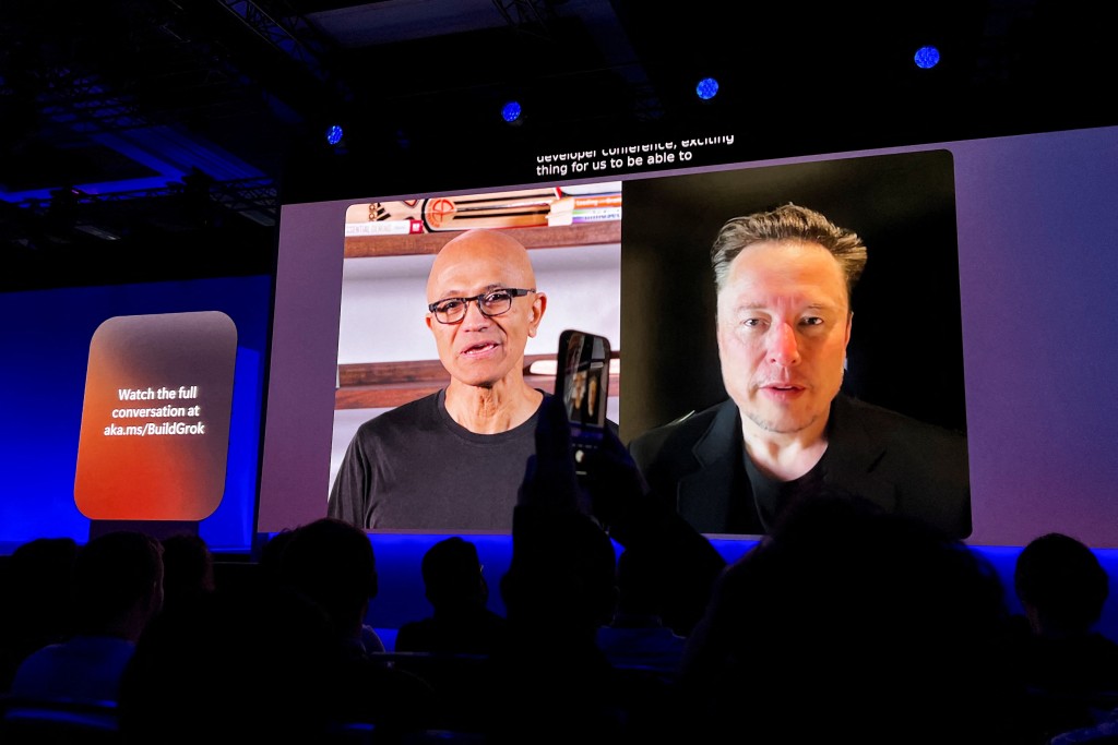 Microsoft CEO Satya Nadella holds a virtual conversation with xAI CEO Elon Musk, as Microsoft added xAI's models to its Azure offerings, at Microsoft's annual software developer conference, in Seattle, Washington, U.S., May 19, 2025. (Reuters)