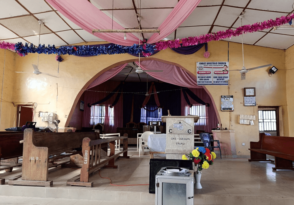 An interior view of the Christ Apostolic Church, the day after an attack by gunmen in which people were killed and the pastor and some worshippers kidnapped, in the town of Eruku, Kwara state, Nigeria, November 19, 2025. REUTERS/Abdullahi Dare Akogun/File Photo 