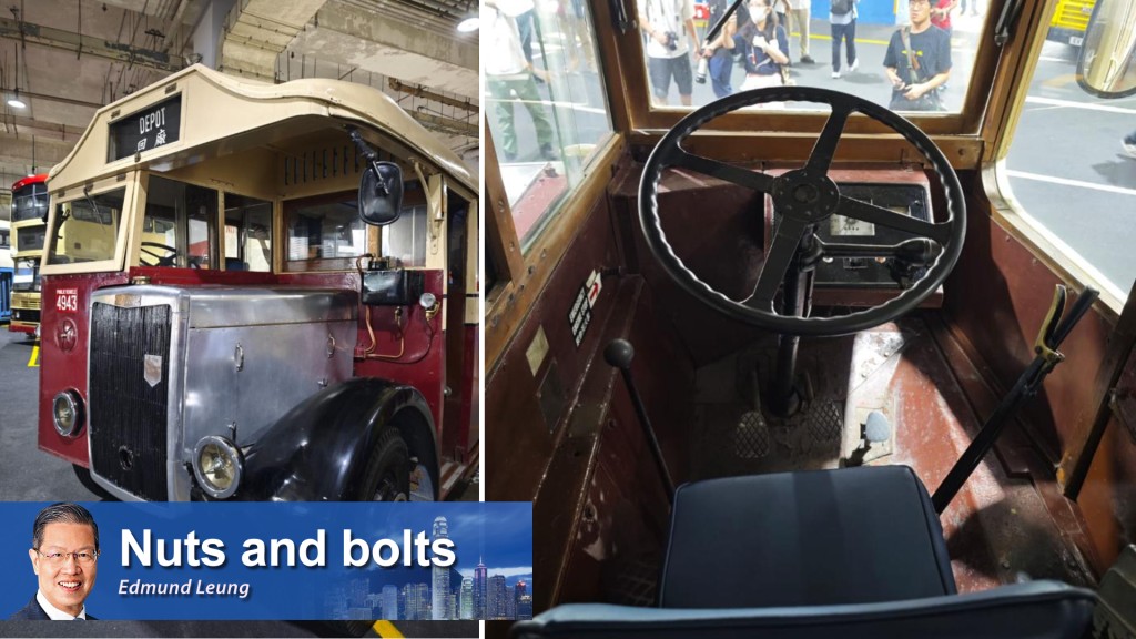 The Tilling Stevens bus and its driver's cabin.