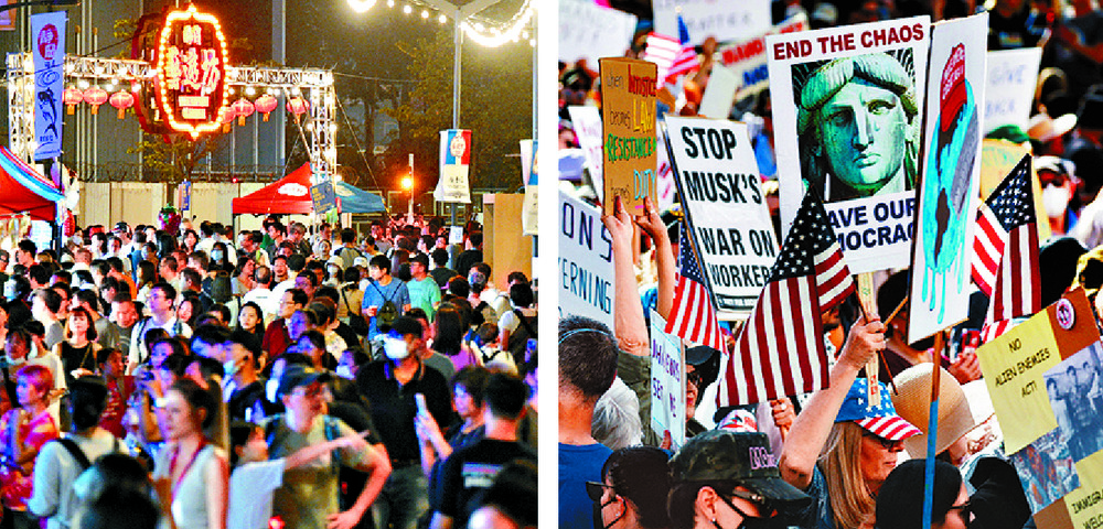 Hong Kong is an oasis of calm with residents thronging events and festivals, while protests are erupting across a deeply divided America.