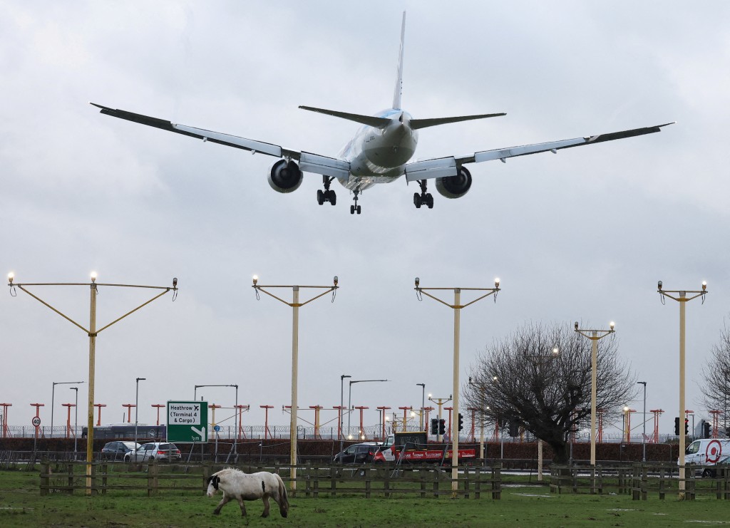 A passenger plane flies over a horse grazing as it makes its landing approach to Heathrow Airport in west London, Britain. (Reuters)