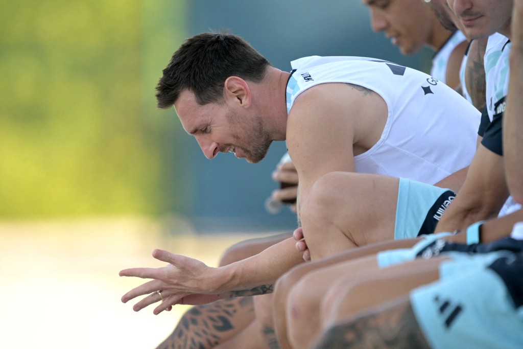 Argentina's forward #10 Lionel Messi looks at his ring in a training session at the Sporting KC Stadium in Kansas City on July 8, 2026, during the 2026 World Cup tournament. (Photo by JUAN MABROMATA / AFP)