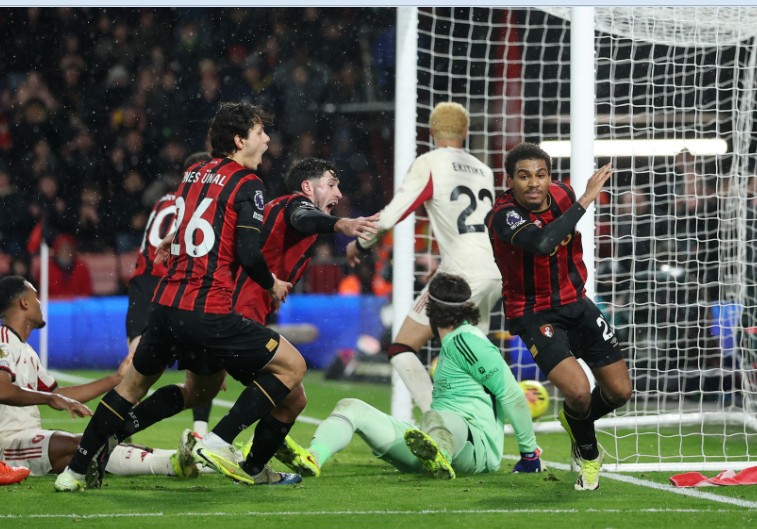 Bournemouth's Amine Adli celebrates scoring the winning goal against Liverpool. REUTERS