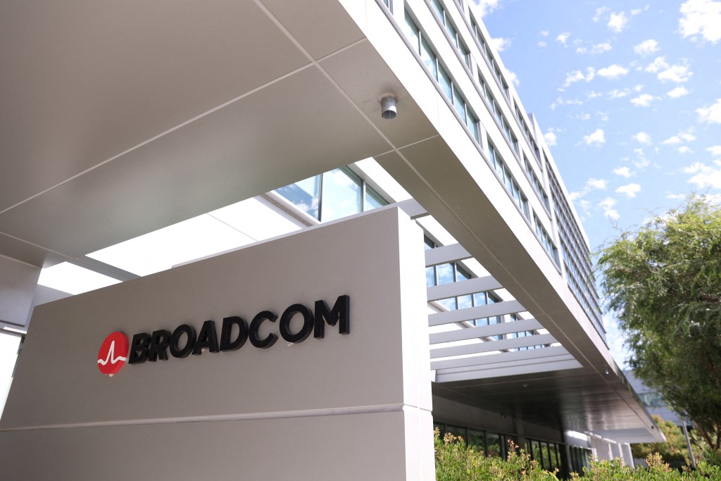 A Broadcom sign is pictured as the company prepares to launch new optical chip tech to fend off Nvidia in San Jose, California, U.S., September 5, 2025.  REUTERS