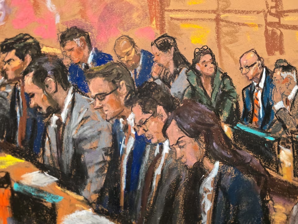 Attendees listen as lawyer for the Department of Justice Taylor Stout (not seen) makes opening statements at the start of the bank fraud trial against China's Huawei Technologies in federal court in Brooklyn, New York, U.S., September 9, 2026 in this courtroom sketch. REUTERS/Jane Rosenberg