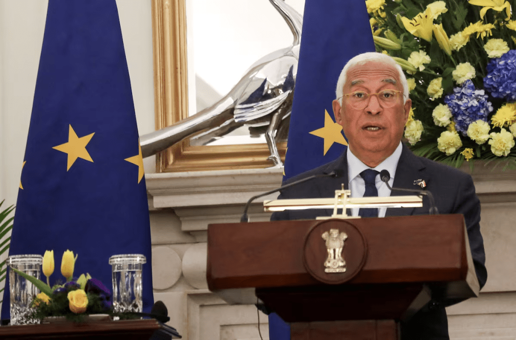 European Council President Antonio Costa speaks during a joint press statement with Indian Prime Minister Narendra Modi and European Commission President Ursula von der Leyen at the Hyderabad House in New Delhi, India, January 27, 2026. REUTERS/Altaf Hussain/File Photo
