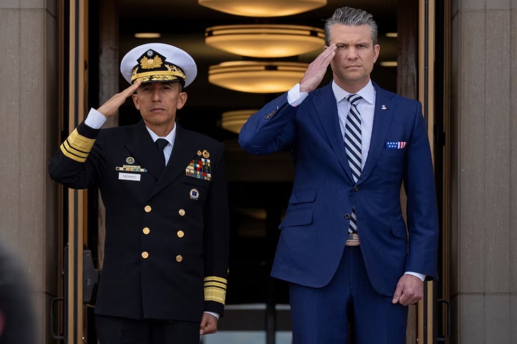 U.S. Defense Secretary Pete Hegseth hosts an arrival ceremony for El Salvador Defense Minister Rene Merino Monroy at the Pentagon in Washington, D.C., U.S., April 16, 2025. REUTERS/Ken Cedeno