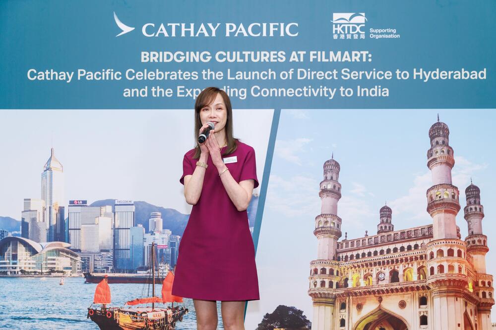 Cathay chief customer and commercial officer Lavinia Lau speaks at an event in celebration of resuming passenger flights to Hyderabad. Photo by CATHAY. Cathay chief customer and commercial officer Lavinia Lau speaks at an event in celebration of resuming passenger flights to Hyderabad. Photo by CATHAY.
