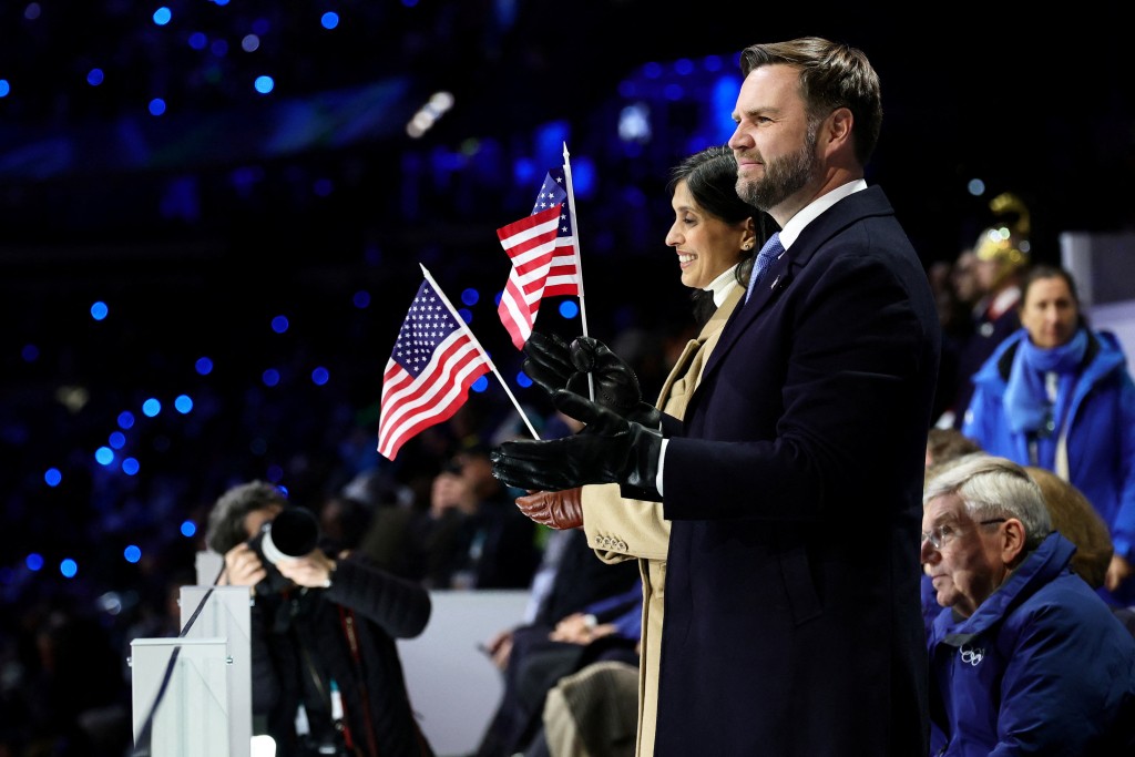 Milano Cortina 2026 Olympics - Opening Ceremony - San Siro Stadium, Milan, Italy - February 06, 2026. U.S. Vice president JD Vance and Second lady Usha Vance during the opening ceremony Pool via REUTERS/Andreas Rentz