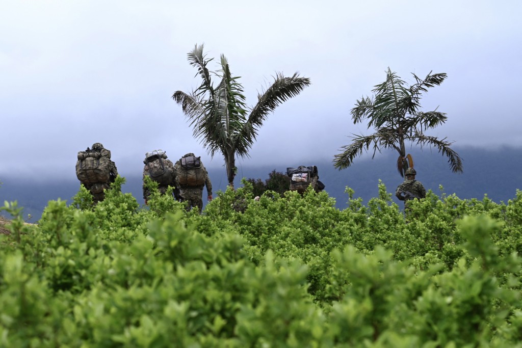 Soldiers walk away among coca plantations after local communities force them to leave their military base near El Plateado, Cauca department, Colombia on March 8, 2025. Colombia could lose the certification of its anti-drug campaign from the US this Monday, confirming the diplomatic stalemate between the two governments amid a major US military deployment in the Caribbean. (Photo by JOAQUIN SARMIENTO / AFP)