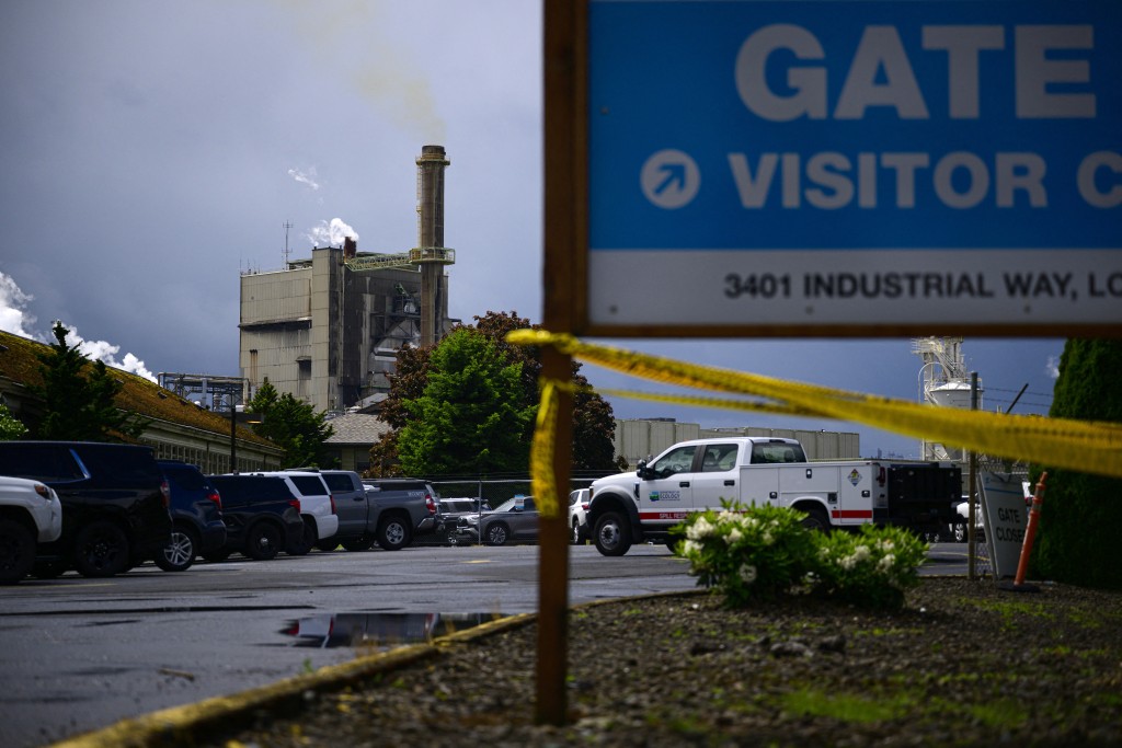 A Spill Response Team vehicle sits parked in front of the Nippon Dynawave Packaging facility following a fatal chemical storage tank implosion on May 26, 2026 in Longview, Washington.  (AFP)