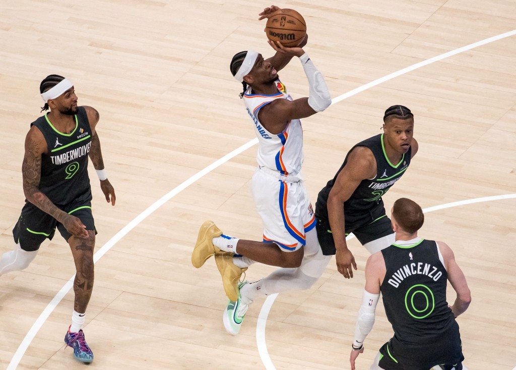 Oklahoma City Thunder guard Shai Gilgeous-Alexander (2) shoots against Minnesota Timberwolves guard Jaylen Clark (22) in the first quarter during game one of the western conference finals. (Reuters)