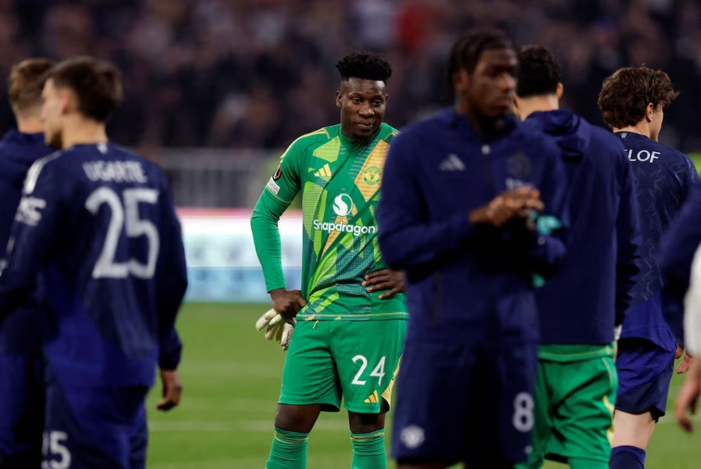 Manchester United's Andre Onana reacts after the match. (Reuters)