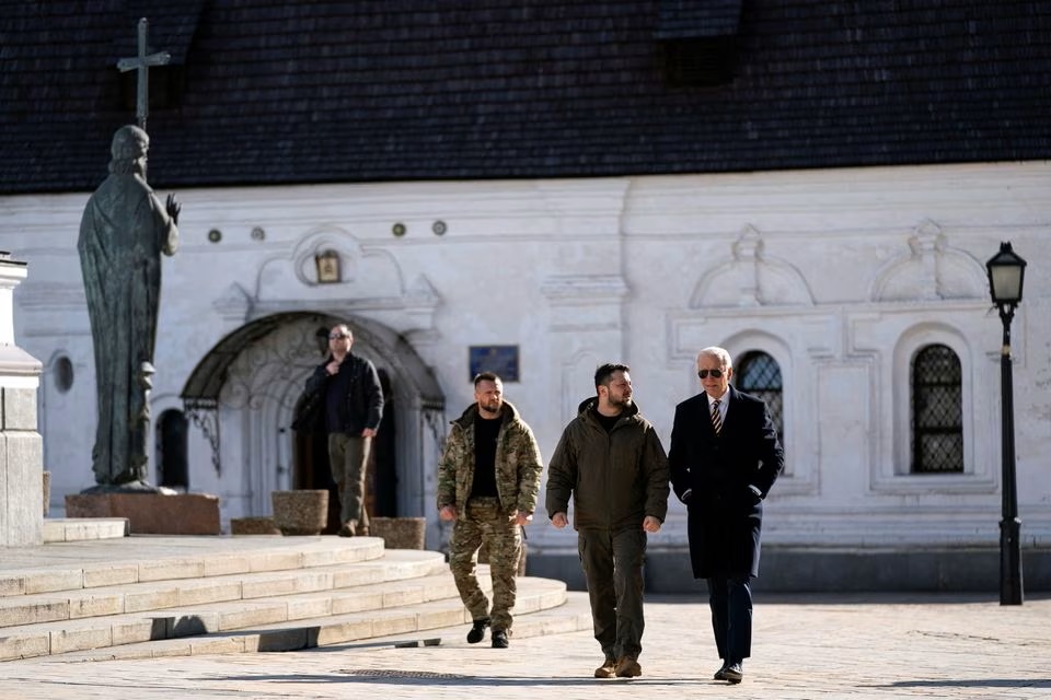 U.S. President Joe Biden walks with Ukrainian President Volodymyr Zelenskiy at St. Michael's Golden-Domed Cathedral during an unannounced visit, in Kyiv. (Reuters) U.S. President Joe Biden walks with Ukrainian President Volodymyr Zelenskiy at St. Michael's Golden-Domed Cathedral during an unannounced visit, in Kyiv. (Reuters)