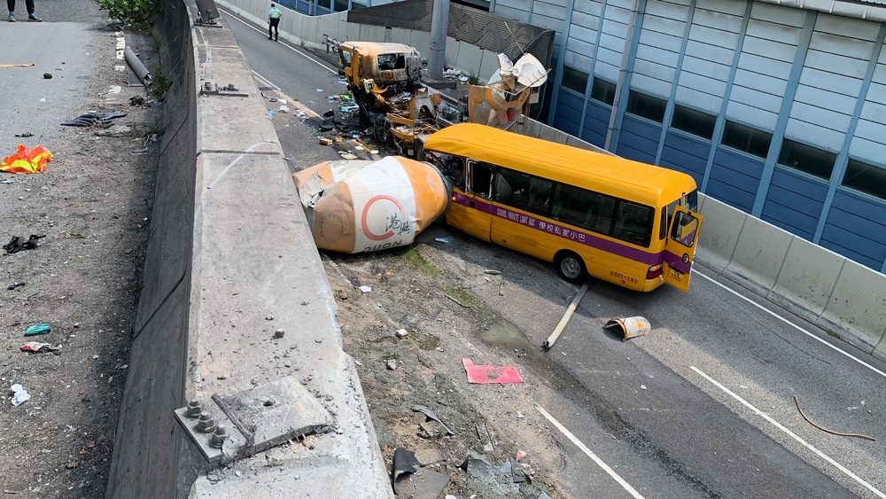 A driver and three staff on the bus – which was not carrying children – were injured. SING TAO A driver and three staff on the bus – which was not carrying children – were injured. SING TAO