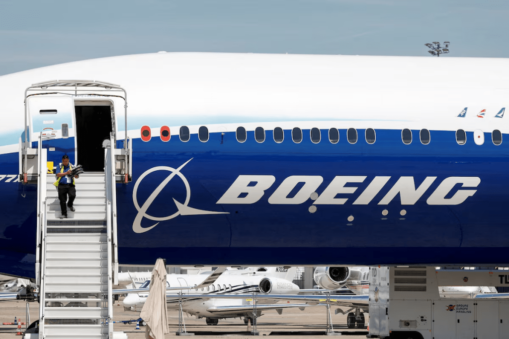 A Boeing logo is seen on a 777-9 aircraft on display during the 54th International Paris Airshow at Le Bourget Airport near Paris, France, June 18, 2023. REUTERS/Benoit Tessier/File Photo