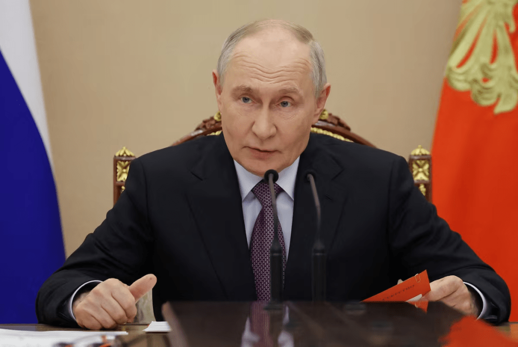 Russian President Vladimir Putin chairs a meeting with members of the Security Council in Moscow, Russia, August 7, 2026. Sputnik/Alexander Kazakov/Pool via REUTERS