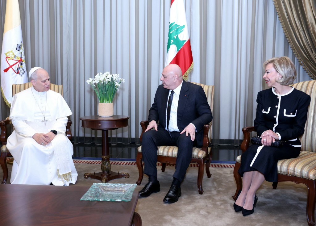 Pope Leo XIV meeting with by Lebanon's President Joseph Aoun (C) and first lady Nehmat Nehme (R) after arriving at Beirut International Airport, in the Lebanese capital, on November 30. (AFP)